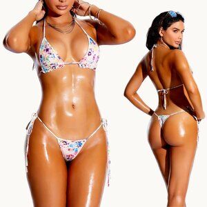 Floral Print Ruffle Triangle Bikini Set Micro Thong Two Piece Set